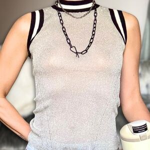 Rag Bone Priya Wool Metallic Varsity Knit Tank Striped XXS Silver Semi Sheer